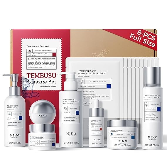 Skin Care Set: 8-Step Tembusu Essence Skincare Kit, Cleansing Hydrating Moisturizing Anti-Aging Gift Sets for Women – Complete Daily Routine for Sensitive, Dry, Oily & Aging Skin
