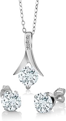 Gem Stone King 925 Sterling Silver Sky Blue Aquamarine and White Diamond Pendant Earrings Gift Set For Women (2.30 Ct Round Cut with 18 Inch Silver Chain)