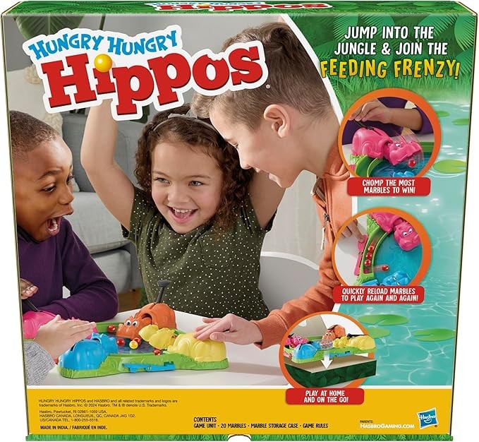 Hasbro Gaming Hungry Hungry Hippos Juego para preescolares | Relanzamiento instantáneo de mármol, fácil configuración y almacenamiento | Edades de 4 años en adelante | 2 a 4 jugadores | Juegos para