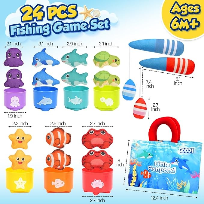 ZOOI Toddler Montessori Toys for 1-3 Year Old, 24PCS Cloth Fishing Game with Stacking Cups for Hand-Brain Coordination, Sensory Baby Toys 6-12 Months, 1-3 Year Old Girl Boy Birthday Gifts