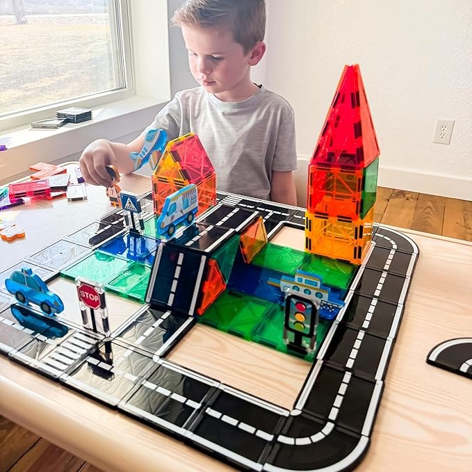 Juego de 104 azulejos magnéticos para carretera, juguetes de construcción STEM para niños de 3 a 5 años, 5 a 7 y 4 a 8 años, bloques de construcción magnéticos para juegos de juguetes para niños