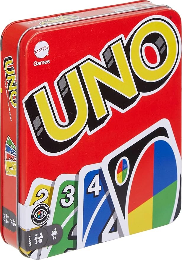 Mattel Games UNO - Juego de cartas en lata de viaje y almacenamiento para niños, adultos y noches y fiestas familiares, baraja accesible y personalizable para daltónicos (exclusivo de Amazon)