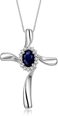 RYLOS Necklaces for Women 925 Sterling Silver Cross Necklace Gemstone & Genuine Diamonds Pendant With 18" Chain 7X5MM Sapphire September Birthstone Womens Jewelry Silver Necklace For Women