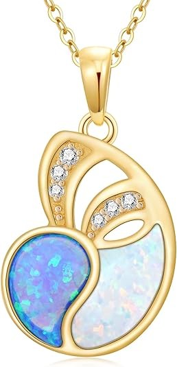YDD Collar de ópalo de oro macizo de 14 quilates para mujer, delicado collar de concha de ópalo, collar con colgante de ópalo azul y blanco, colgante de concha de mar, regalo de joyería para ella, de