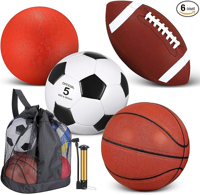 Lenwen 4 Pcs Sports Balls Set for Teen Adult, Include Official Size Basketball Soccer Football Playground Ball Pump Equipment Bag Ball Gifts Back to School