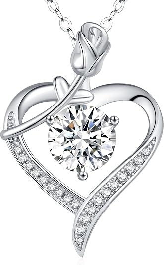 Rose Heart Pendant Necklace for Wife Moissanite Lab-Created Gem Jewelry for Women I Love You Wedding Anniversary Birthday Christmas Valentines Engagements Mothers Day for Her Girlfriend Mom Daughter