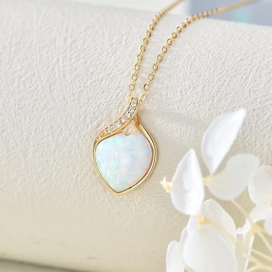 YDD Collar de Ópalo Blanco de Oro Sólido de 14k para Mujeres Forma de Corazón Ópalo con Colgante de Diamante Genuino Collar Collar de Corazón Joyería de Ópalo Joyería de Diamantes Regalos 16"-18"