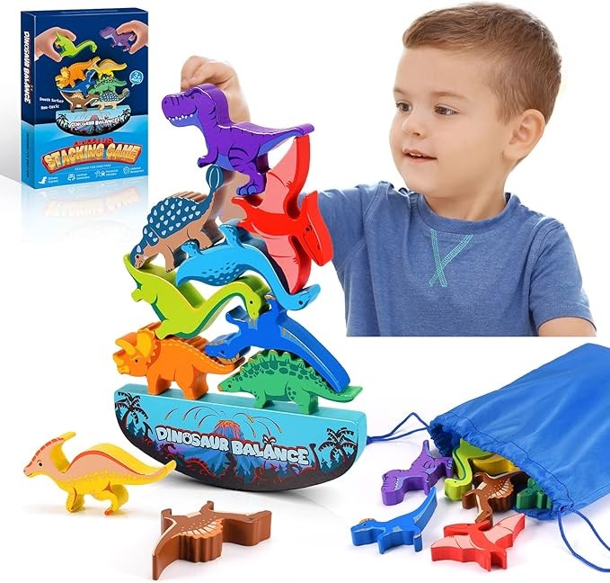 Juguetes de dinosaurio para niños de 3 a 5: juguetes Montessori apilables de madera para niños de 3, 4, 5, 6, 7, 8 años, regalos de cumpleaños para niños de 4 a 8 años, juego de competencia de equilib