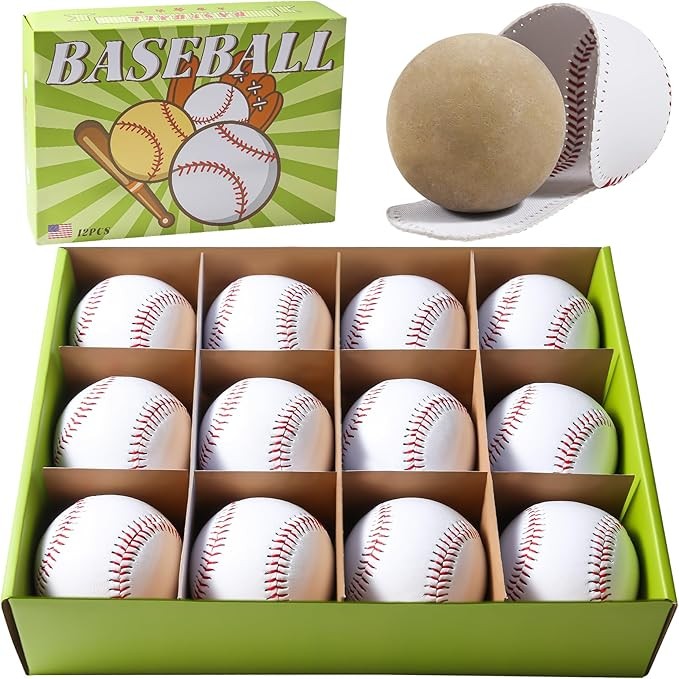 12 Pack Standard Size T-Ball Training Baseballs - Youth/High School Baseball Bulk Practice Balls, Rubber Filling - 100% Faux Leather Soft Baseballs for Kids