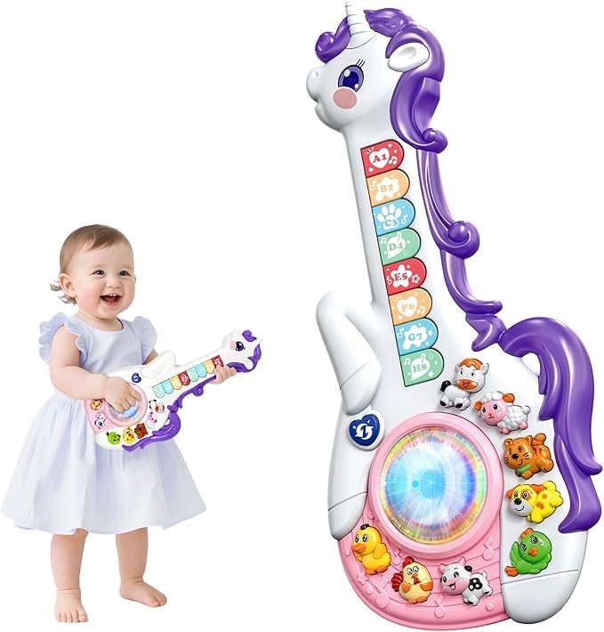 Marstone Toys for 1 2 Year Old Girl Birthday Gifts: Baby Musical Unicorn Toys 12-18 Months, Educational Cartoon Guitar for Toddler Boy Kid 1-3, Infant 1st First Interactive Learning Birthday Present