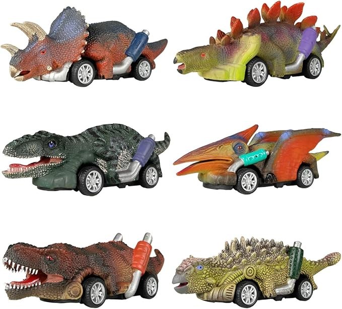 DINOBROS Coches de juguete de dinosaurio, paquete de 6 juguetes de dinosaurio para niños y niñas de 3 años, juguetes para niños de 3, 4, 5 años en adelante, autos de juguete para tirar hacia atrás,
