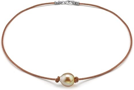 THE PEARL SOURCE Sterling Silver 11-12mm Baroque Genuine Golden South Sea Cultured Pearl Leather Necklace in 16" Choker Length for Women