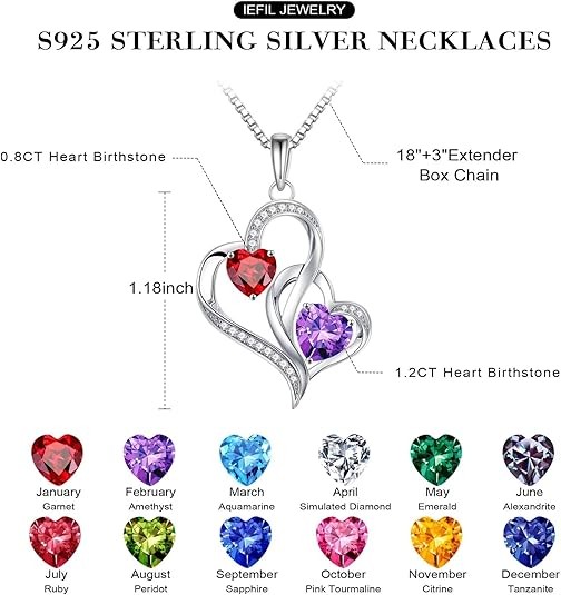 Iefil Collar de piedra natal para mujer, collar de plata de ley 925 con doble corazón, regalo de aniversario de cumpleaños para mujeres, regalos de Navidad para el día de San Valentín, regalos de