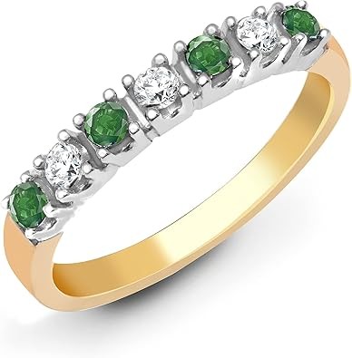 Jewelco London 9ct 2 Colour Gold 4 Claw Set J I1 0.15ct Diamond and Green 0.2ct Emerald 7 Stone Royal Eternity Ring 3mm, Size T
