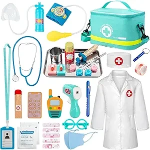 Sundaymot Kit médico para niños, juego de simulación de 34 piezas para niños pequeños, kit de médico para niños pequeños de 3 a 5 años, con bolsa médica, estetoscopio y otros accesorios, para niños y