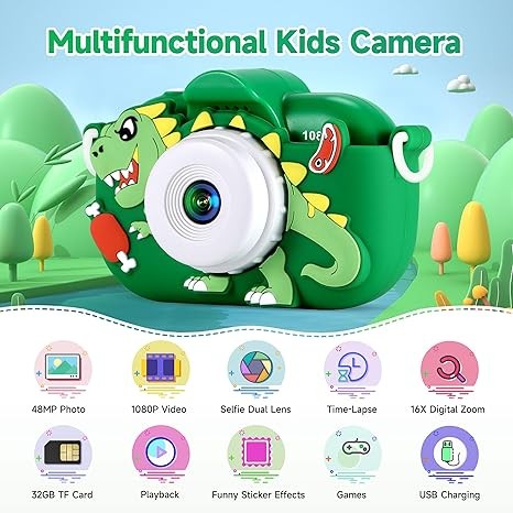 Kids Camera Boys Toys for 3 4 5 6 7 8 9 Years Old Boys, 48MP Dual Lens Kids Digital Camera Christmas Birthday Gifts, 1080P HD Video Selfie Toddler Camera with 32G SD Card