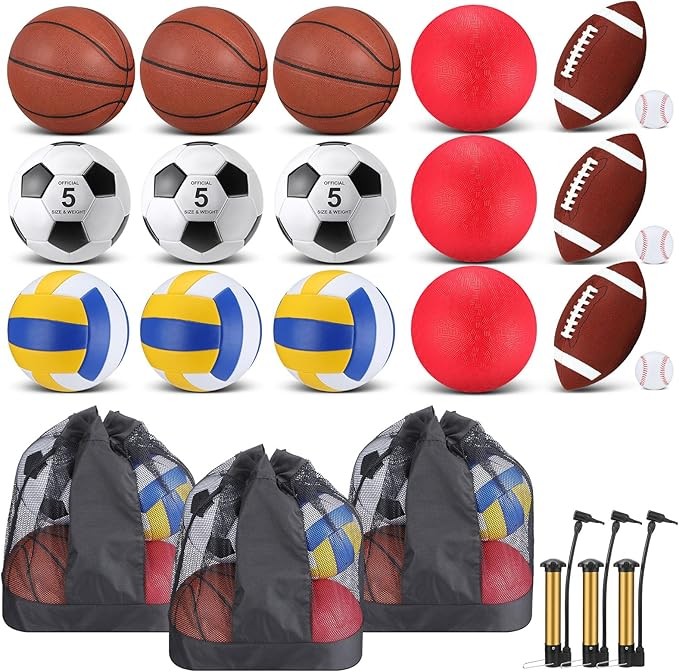Leyndo 18 Pcs Sport Balls Bulk Set Basketball Football Volleyball Soccer Playground Baseball with Sport Equipment Bag Pump for Adults Gifts Outdoor Indoor