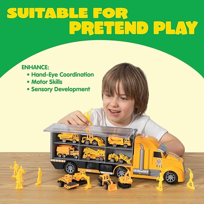 JOYIN 25 in 1 Kids Construction Truck Toy Set, 24Pcs Push and Go Cars and Worker Figures, Toddler Play Vehicles with Sounds and Light, Birthday Gifts for 3 4 5 6 7 Years Old Grandkids, Easter Basket