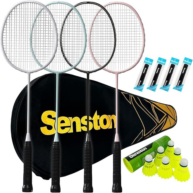 Senston Professional Badminton Rackets Set of 4 - Carbon Fiber, 6 Shuttlecocks, 4 Grips & Bag for Backyard Games | 90g Lightweight