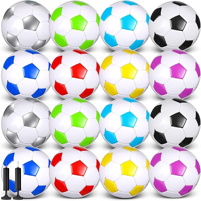 Soulchen 16 Pcs Gifts Soccer Balls Bulk with 2 Pcs Pump Size 3/4/5 Deflated Training Soccer Ball for Charity Youth Adult Sports Training Practice Game Play, 8 Color