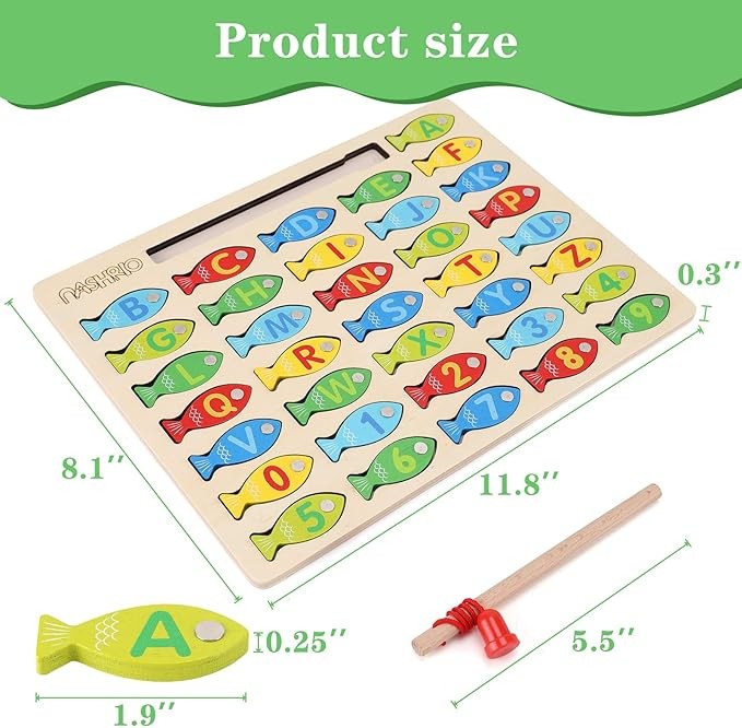 Juguete Magnético de Pesca de Madera para Niños Pequeños, Juegos de Pesca y Conteo de Peces del Alfabeto, Rompecabezas con Números y Letras, Juguetes Educativos de Aprendizaje Preescolar de ABC y