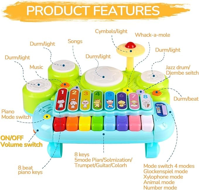Baby Musical Toys 3 in 1 Piano Keyboard Xylophone Drum Set for 1 Year Old Girls Boys Toys Age 2 Music Instrument Toys Toddlers 1-3 0-2 First Birthday Easter Gift Infant Baby Toys 6 9 12 18 Month
