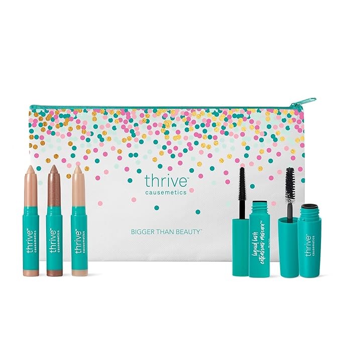 Thrive Causemetics Mini Makeup Essentials, Gift Set for Women, Deluxe Mini Liquid Lash Extensions & Volumizer Mini Mascaras, Brynn (Rich Black), Mini Eye Brightener Highlighter Sticks - 3 Shades