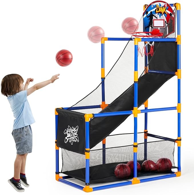 JOYIN Juego de baloncesto arcade con 4 pelotas y aro para niños de 3 a 12 años de edad, juego deportivo en interiores y exteriores, fácil de instalar, bomba de aire incluida, ideal para competición