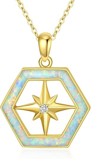 YDD Collar de ópalo de brújula de oro macizo de 14 quilates para mujer, ópalo blanco con colgante de diamante natural, collar con colgante de brújula de estrella del norte, collar con colgante de