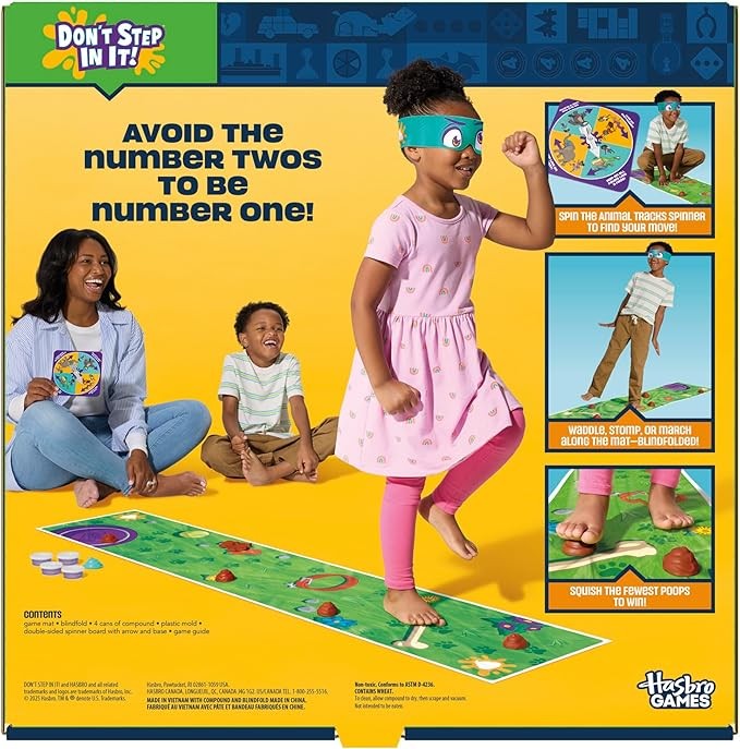 Hasbro Gaming ¡No pises en eso! Juego preescolar I Juego de fiesta de caca con venda en los ojos | Spinner con 8 divertidos movimientos de animales | Edades 4+| 1+ jugadores I Divertidos juegos de